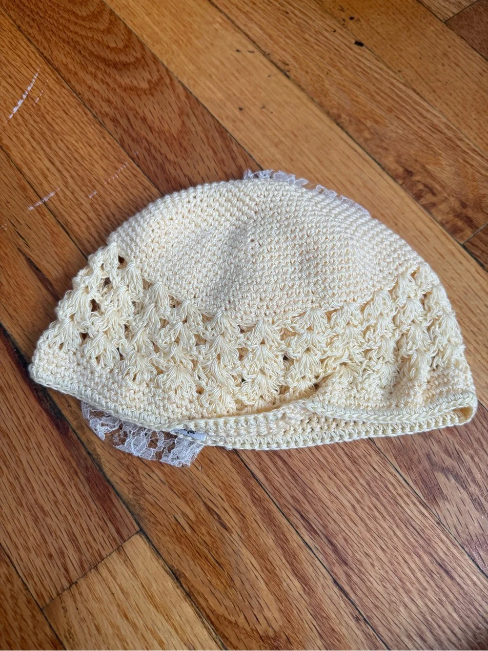 Handmade Cream Crochet Beanie with Lace & Pearl Flower Accents